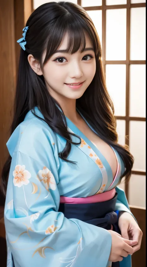 Best-quality, Masterpiece, Ultra-High-Resolution, (Photorealistic:1.4), Raw-Photo, Extremely-Detaied, Perfect-Anatomy, front view, 1girl, 18-years-old, the most popular Japanese idol, wearing only Japanese-KIMONO with cute-pattern, sit in SEIZA-position an...