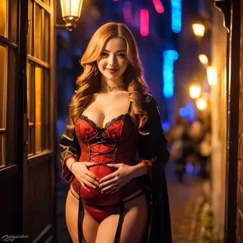 ((top-quality、masutepiece、8K、Top image quality、Highly complex and detailed depictions))、(beautiful pictures of the netherlands:1.3)、Luxury red-light district of medieval Holland、the most luxurious prostitute costumes、Pregnancy、((The most beautiful medieval...