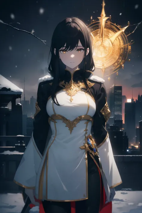 (((Obra maestra, La mejor calidad, ultrahigh resolution))), ((a girl in a suit of golden armor, standing confidently, sheathed sword on hip)), ((soldier, clad in golden steel armor, golden plate armor)), ((long black hair, dark black hair)), long hair cut,...