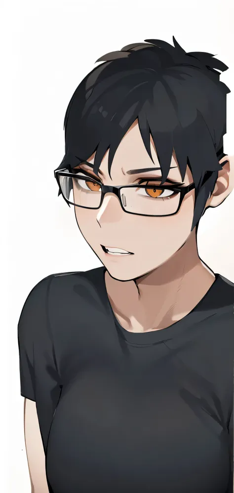 ember, black  hair, brown eye, eyeglasses, black tshirt, мужщина сидит за laptopом, laptop, a table, background room with booksh...