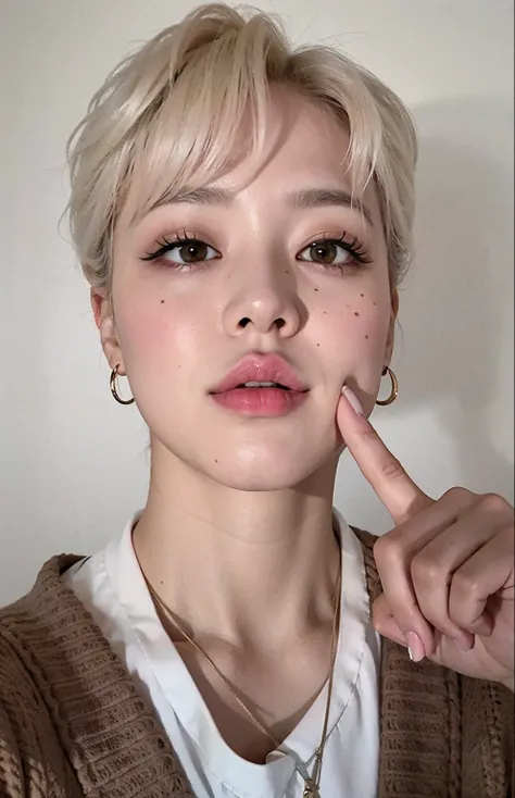 image of a woman with a finger on her lips, jimin\plump lips, jimin\'s right eyelid swollen, rosto jimin preciso, jimin\nariz gr...