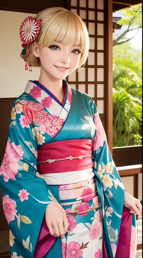 she is a kimono fashion model、Blonde shortcuts、Green eyes、a smile、fancy kimono、