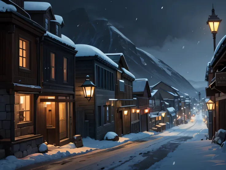 Long Street, stone houses at the foot of the mountain, the night, snowstorm, NOhumans, ominous vibe