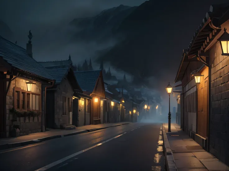 long wide street at the foot of the mountain, houses made of stone, the night, ominous vibe, mist, NOhumans, Dark and scary