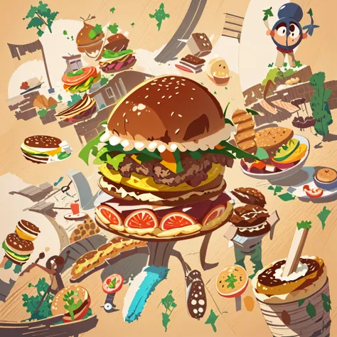 a hamburger in the middle，vector style, beautiful color, ,vector graphics, shadowing, flat, 2d, dan matutina&#39;s style, in the...