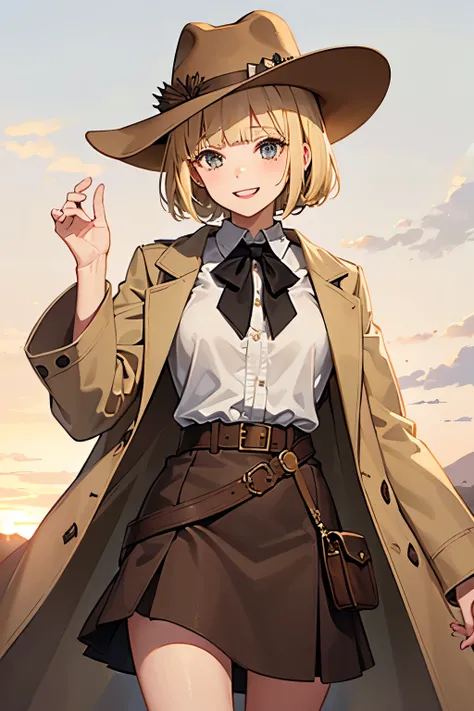 1girl, smiling, happy, short hair, blunt bangs, blonde hair, beige long coat, duster, rugged, brown cowboy hat, cowgirl, western, masterpiece,