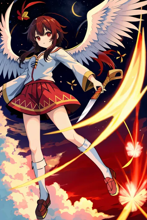 Japanese girl angel of heaven with 6 wings  (Megumin)and a sword in his hand playing the trumpet of the Apocalypse above the clouds, red eyes, cabelos curtos, cabelos castanhos