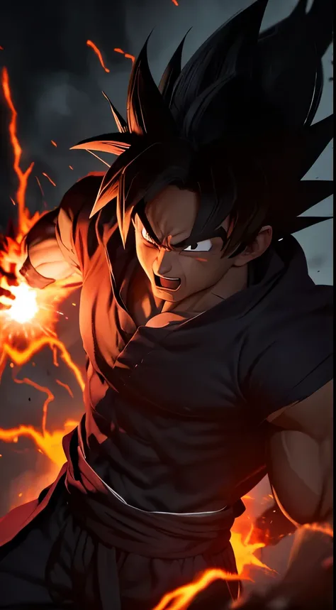 In a dark and ominous setting, high realistic details  Goku, standing tall , appears in a terrifying transformation. His eyes widen with absolute rage, and his body radiates a chilling red glow. Black smoke swirls around him, reflecting the immense energy ...