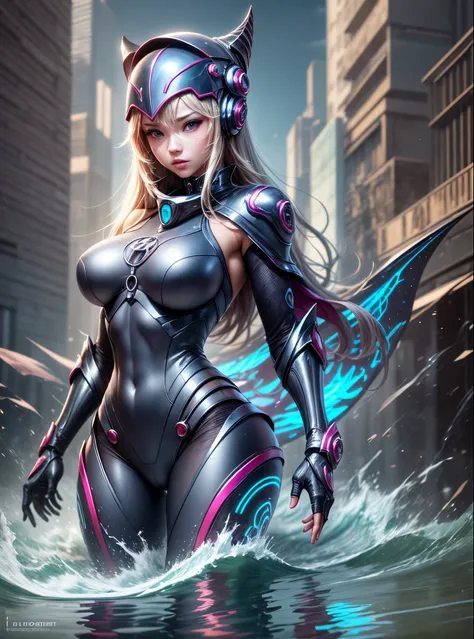 a woman in a wetsuit is standing in a body of water, beautiful cyborg priestess, 2. 5 d cgi anime fantasy artwork, perfect anime cyborg woman, [ trending on cgsociety ]!!, extremely detailed artgerm, cute cyborg girl, girl in mecha cyber armor, armor girl,...