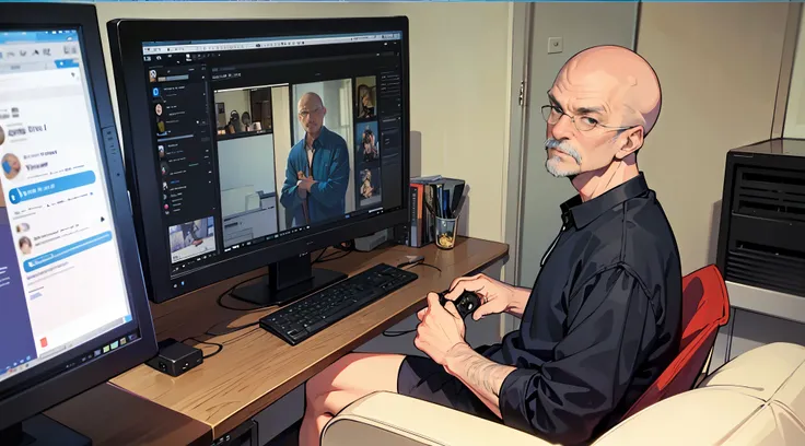 An old man in his 50s with a shaved head is sitting in front of his computer at home., Enjoy live streaming.