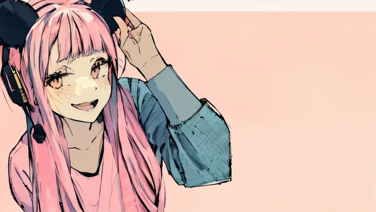 cat ear、A pink-haired、straight haired、blunt bangs、sketchbook、1girl in, Pink hair,pinkeyes,PINK SHIRT , Cast Ears