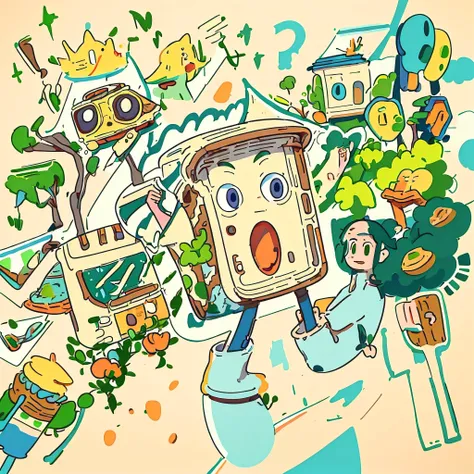There is a piece of toast in the middle,Vector style, beautiful color, ,Vector graphics, cellshading, Flat, 2d, Dan Matutina tiles, in the style of Studio Ghibli, thickline,Stunningly detailed,Illustration style,Warm color palette,4k画质,Non-human,Flat