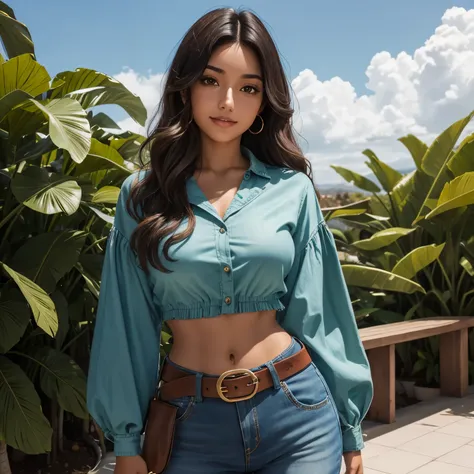 Leilani, ella es de baja estatura, piel morena y cabello lacio, approximately 21 years old and with a cheerful personality, She was wearing a green and denim blouse and in the middle a brown belt that showed off her thin waist.,