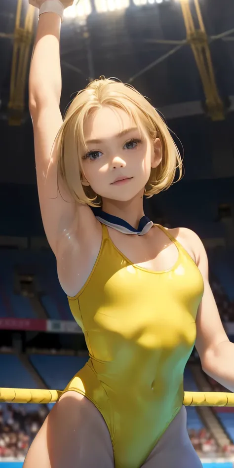 top-quality))、((​masterpiece)、Breasts enlarged、Genuine skin glow、indoor olympic gymnastics arena、((((14-year-old girl))))、Close-up shot looking up from underground、blonde long bob hair、A little bigger chest、wearing a yellow and white leotard、gymnast、Differ...