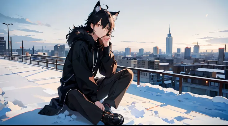 masterpiece, best quality, high quality, perfect anatomi, anime a boy, anime style, black sweater, fur jacket, black hair, wolf ...