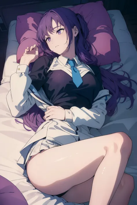 ((((Obra maestra, La mejor calidad, ultrahigh resolution)))), perfect anatomy, 1girl, long hair, purple, school uniform, (pornography), (SFW), pillows, flowers, lying on back, from above