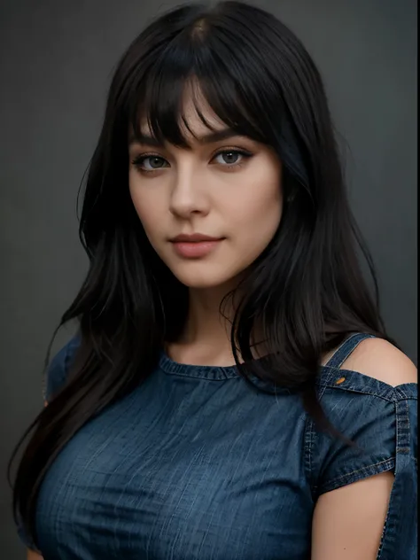 Mary Kaylee, long blsck hair, black bangs, wearing blue shirt snd blue jeans, close up of face, buetifull, gorgeous, wearing contour makeup, close up of face, smirking, wearing eyeshadow makeup,