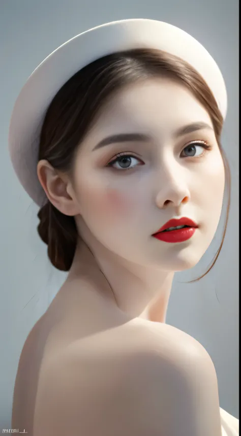 Alafed woman in white hat and red lip dress, pale Porcelain white skin, guweiz, guweiz masterpiece, artwork in the style of guweiz, soft portrait shot 8 k, Pale Young Ghost Girl, Porcelain white skin, By Russell Dongjun Lu, light milky white porcelain skin...