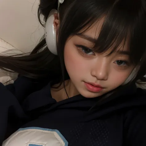 Mujer arafed con auriculares acostada en una cama, vibraciones de anime, Chica coreana, ulzzang, Wan adorable cara coreana, Ella tiene una cara linda, Shikamimi, Chiho, Ojos del dormitorio, cara muy bonita, Lalisa Manobal, Chica Lofi, Asian face, Sakimicha...