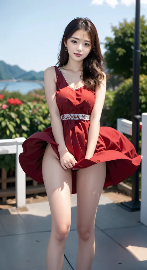 (top-quality、8K、32K、​masterpiece、nffsw:1.2)、Photo of a cute Japanese woman、(mournful smile、red blush:1.1)、A pink dress skirt with beautiful details that stares at the viewer.:1.2)}}、Detailed legs、(Spread legs:0.9)、(Lace pantie:0.9)、{{(wind lift:1.6)}}、full...