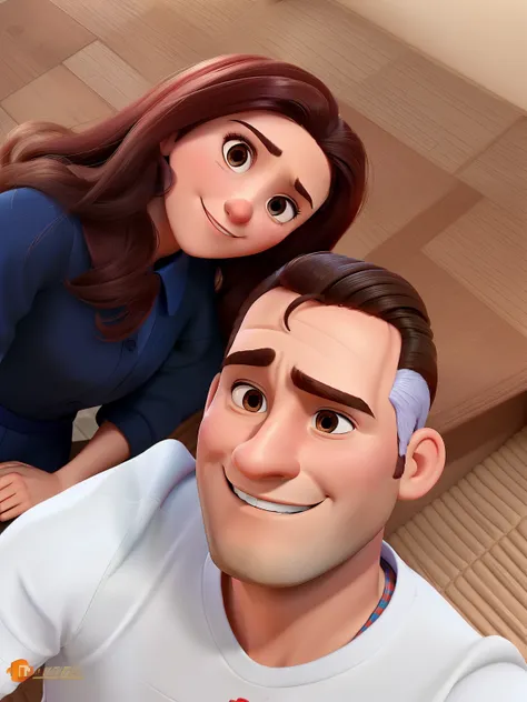 Casal (homem moreno e mulher branca) no estilo Disney Pixar, alta qualidade, melhor qualidade.