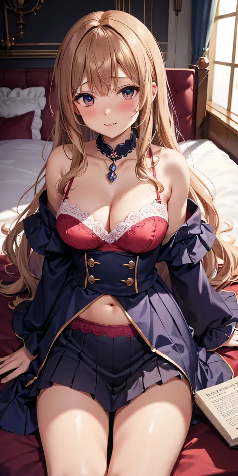 masutepiece, Best Quality, the Extremely Detailed CG Unity 8K Wallpapers, Sexy Witch , Long dark blonde wavy hair、off-shoulder knit, darkblue pleated skirt, Stockings、Medium milk, hanging breasted, Poses that emphasize breasts, Blushing, Shy laughter, Bare...