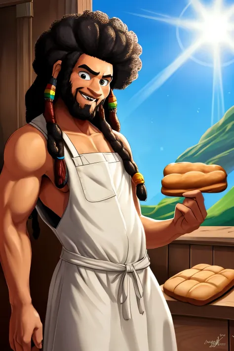 Original art quality baker making bread  , imagem de JESUS DEUS, ,negro Moreno mulato , corpo inteiro,cabelo afro jovem e bonito caindo para frente, Rasta,  Disney character animation style, type but braided, JESUS DEUS, standing posture, hands naturally p...