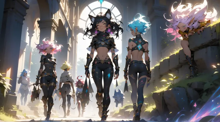 three beautiful elf females 20 years old, nudist, no clothes, extreme abs, cute face, crazy hair, colored hair, yellow eyes, deep fashion, cyberspace, surreal, virtual reality, Holographic Symphony, video game, crazy colors, NanoSorcerers Symphony, Data La...