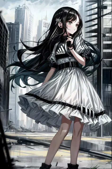 fashion magazine, a material girl，Long black hair，ear studs, Among the ruins of the city，tech wear, ADIDAS, white dresses, add_detail:1