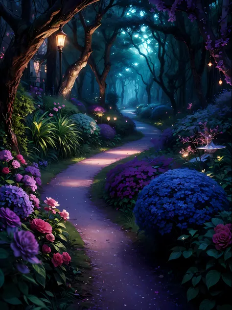 a path in a garden with purple flowers and trees, enchanted magical floresta da fantasia, magical floresta da fantasia, magic fairy forest, enchanted and Magic Forest, magical forest, magical forest backround, magical forest in the background, floresta da ...