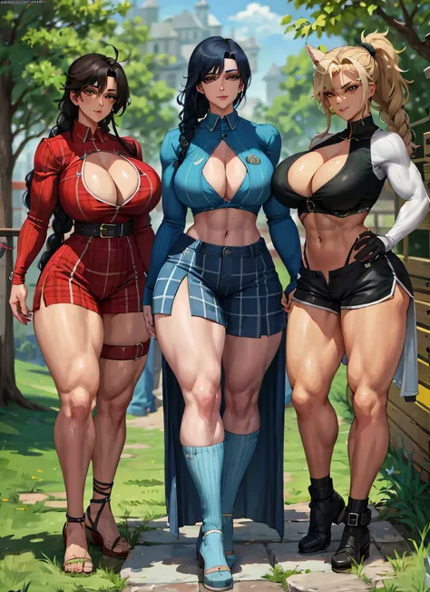 3 girls, beautiful, perfect lighting, muscular, thick thighs, mature woman, milf, navel, abdomen, looking at the viewer (masterpiece, high quality: 1.1), braid, , short shorts, plaid shirt, skindentation, neckline, smile, thicc, cutesexyrobutts, cel-shaded...