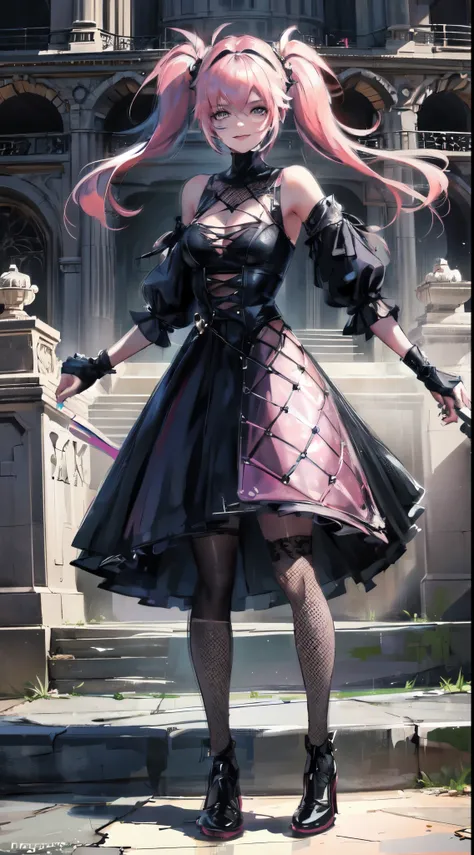 ((Masterpiece, best quality,edgQuality)), smiling,excited, edgPastelGoth, a woman with pink hair and fishnets posing on steps ,wearing edgPastelGoth