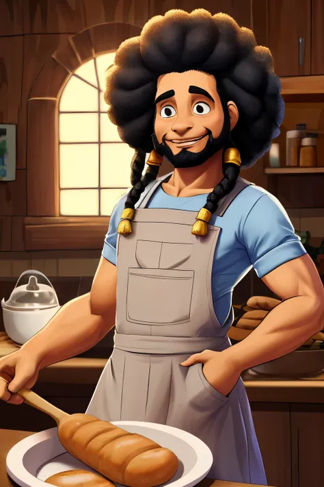 teaching your child to make bread. in a furnaceOriginal artistic quality baker&#39;s bread  , imagem de JESUS DEUS, ,negro moreno mulato , corpo inteiro,cabelo afro jovem e bonito caindo para frente, Rasta,  Disney character animation style, tipo, but brai...