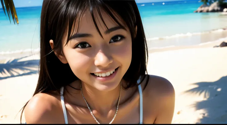 Top quality, 1 beautiful japanese woman, wearing  bikini, 35mm lens, f/1,  at white sand beach, camel claw, smile