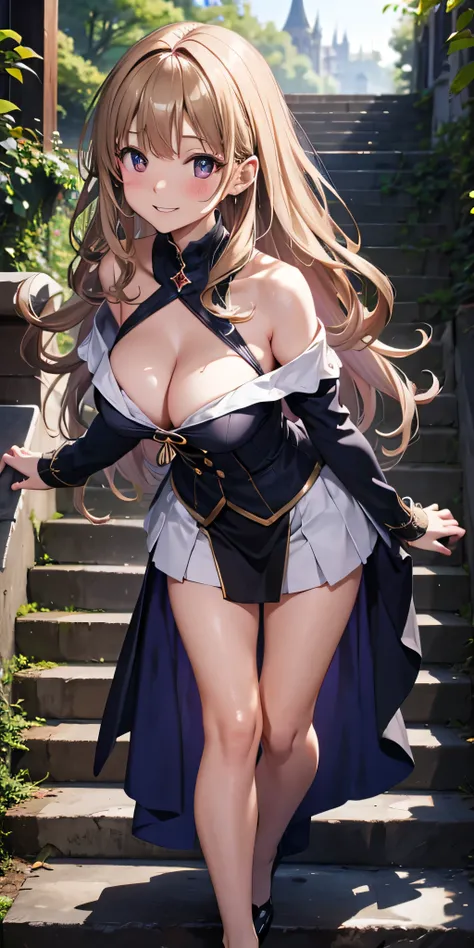 masutepiece, Best Quality,  the Extremely Detailed CG Unity 8K Wallpapers,  Sexy Witch , Long dark blonde wavy hair、off-shoulder knit, darkblue pleated skirt, Medium milk, hanging breasted, cleavage, Blushing, Shy laughter, Castle staircase、Looking up from...