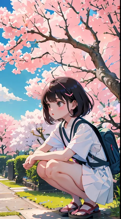 crouching down，(child)，（​masterpiece，Highest Quality)，pink pleated miniskirt，White rucksack，shortsleeves，A dark-haired，Summer Classroom，The wind is blowing，A path lined with flourishing cherry blossom trees