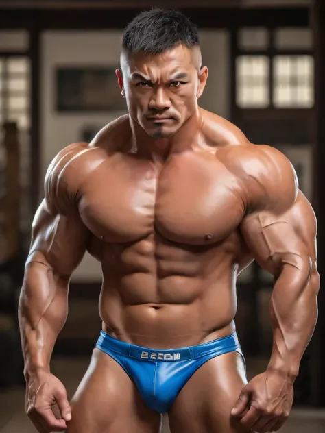 arafed bodybuildeer in blue underwear posing for a picture, bodybuilder physique, naoki ikushima, bodybuilder body, yusuke nakano, exaggerated muscle physique, bulging muscles, exaggerated physique, bodybuilder posing, big wide broad strong physique |, mas...