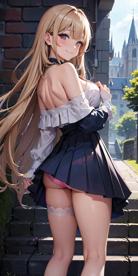 masutepiece, Best Quality,  the Extremely Detailed CG Unity 8K Wallpapers,  Sexy Witch , Long dark blonde wavy hair、off-shoulder knit, darkblue pleated skirt, Medium milk, hanging breasted, cleavage, Blushing, Shy laughter, Castle staircase、Looking up from...