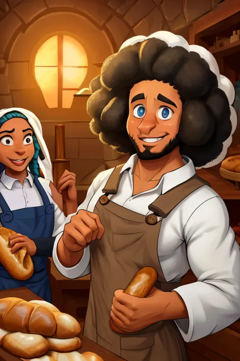 now he is a family a group  bread Baker teaching his bochen. in the ovenOriginal artistic quality bread&#39;bochen  , imagem de JESUS DEUS, ,negro moreno mulato , corpo inteiro,cabelo afro jovem e bonito caindo para frente, Rasta,  Disney character animati...