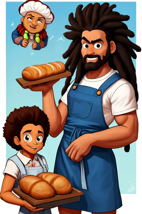 now he is a family a group  bread Baker teaching his bochen. in the ovenOriginal artistic quality bread&#39;bochen  , imagem de JESUS DEUS, ,negro moreno mulato , corpo inteiro,cabelo afro jovem e bonito caindo para frente, Rasta,  Disney character animati...