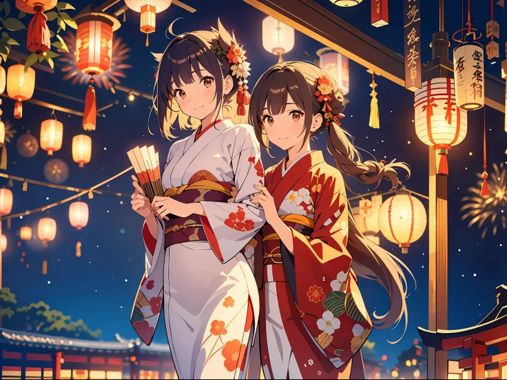 Age18, two women, making a kyuhoshi arrangement, wearing Japanese ((printed homongi)), , night scene, (bokeh:1.2), soft smile:1.2, Japanese lanterns, shop stalls, fireworks, (new years eve:1.4) , full body shot, (perfect anatomy:1.4)