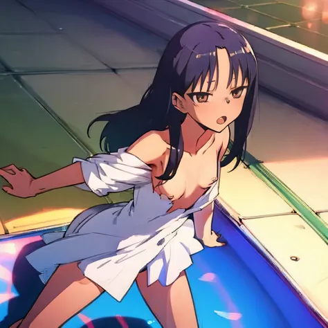 Anime style, better quality possible, character from anime: NAGATORO full naked in pool, sunny day, perfect small breasts and show her hairy pussy