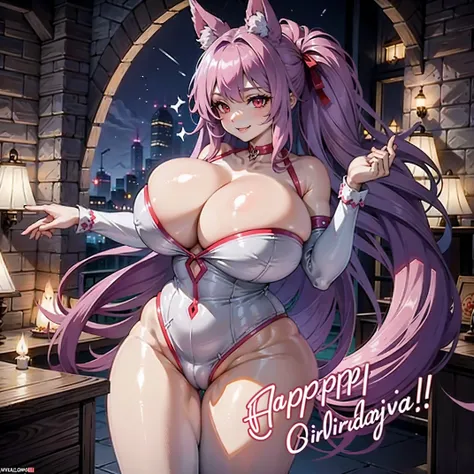 1Girl, red eyes, smile, Purple Hair, long hair, Wolf-Girl, wolf ears, white fur in wolf ears, birthday party, birthday cake, big boobs, big butt, Purple fluffy tail, sexy dress, ((best quality)), (detailed), perfect face, high res, ultrasharp, anime, ((mas...