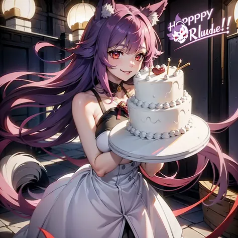 1Girl, red eyes, smile, Purple Hair, long hair, Wolf-Girl, wolf ears, white fur in wolf ears, birthday party, birthday cake, big boobs, big butt, Purple fluffy tail, sexy dress, ((best quality)), (detailed), perfect face, high res, ultrasharp, anime, ((mas...