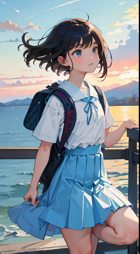 crouching down，(child)，（​masterpiece，Highest Quality)，light blue pleated miniskirt，White rucksack，shortsleeves，A dark-haired，Summer Classroom，The wind is blowing，by lake