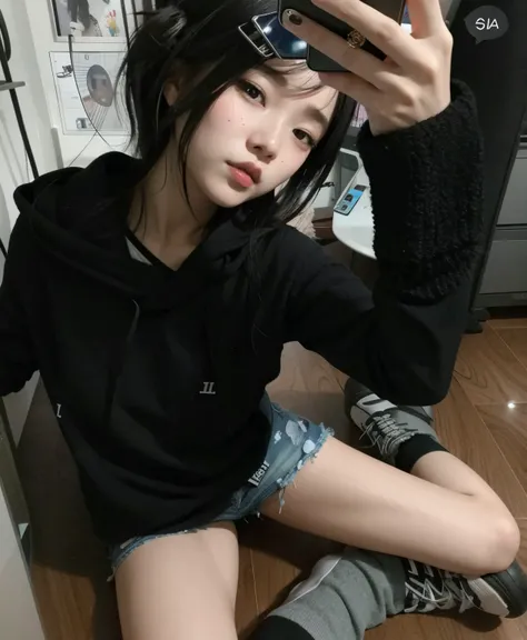 Woman sitting on the floor taking a selfie with her cell phone, cruel korean goth girl, Sui Ishida com cabelo preto, preto hime corte cabelo, em um moletom preto, menina bonito-fino-cara, menina cena, Asian girl, uma menina emo, kanliu666, Ulzzang, 1 8 I, ...