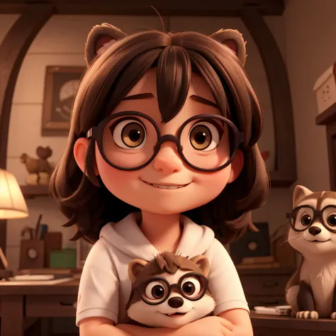 Uma linda garotinha, com escuro, Cabelos lisos, wearing round glasses with thick lenses, with a happy expression, hugging tightly, almost crushing a raccoon that doesn&#39;t wear glasses and looks at her with a scared expression. alta qualidade, high resol...