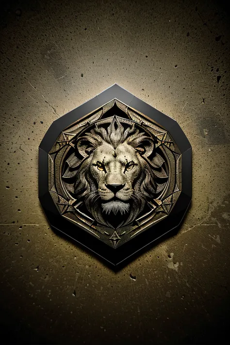 Killer lion medallion design )de (Destruction and Conquest of Death,desordem,terror ,agonia），（In the middle of the medallion is the forging table icon），（The Composition theme icon),prata，Efeito 2D plano