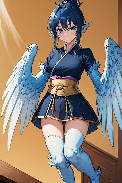 4K,hight resolution,One Woman,Harpy,Dark blue hair,Short ponytail,Bright blue eyes,one white winged,golden toenails,samurais,暗い青色のsamuraisの鎧