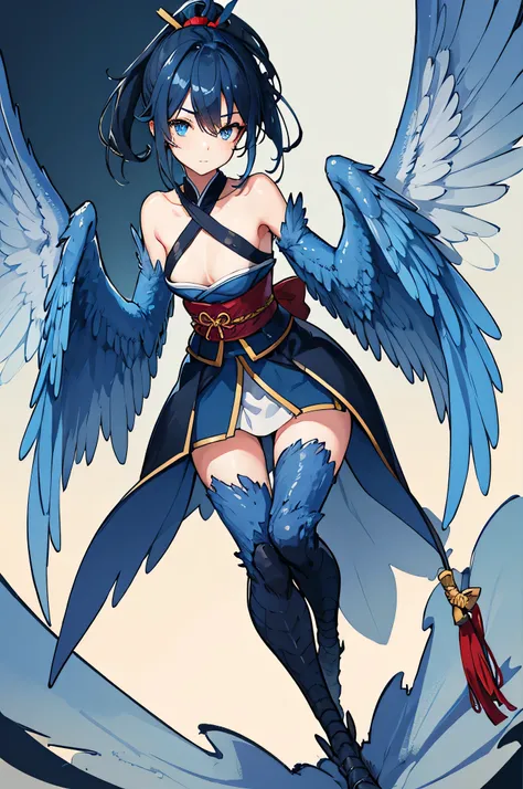 4K,hight resolution,One Woman,Harpy,Dark blue hair,Short ponytail,Bright blue eyes,one white winged,golden toenails,samurais,暗い青色のsamuraisの鎧